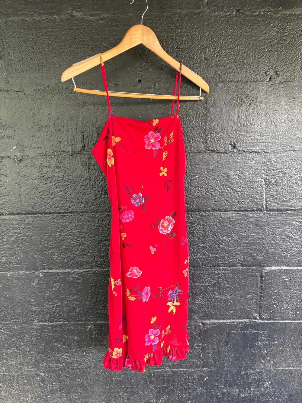 Red Floral Midi Slip Dress with Ruffle Hem